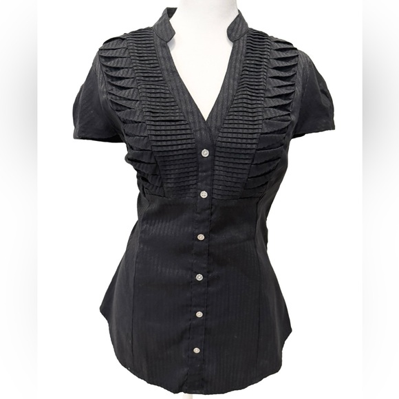 Express Tops - Express Black Button-Up Pleated Blouse with pockets, Large
